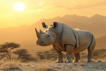 Obraz premium Rhinoceros Standing in African Savannah at Sunset 