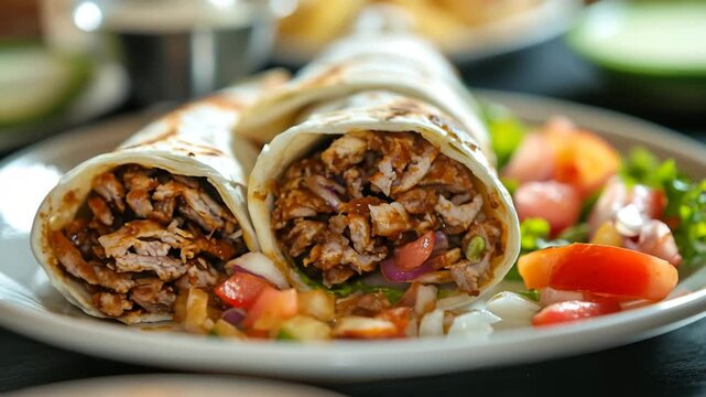 Close-up shawarma with meat, vegetables and sauce wrapped in pita bread