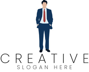 Professional Businessman Stylish Suit Logo Design Template red tie icon blue flat work    