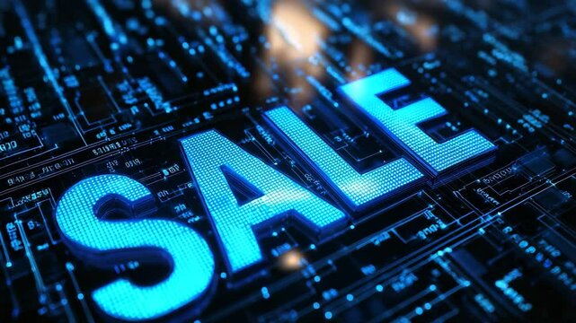 Digital SALE text glowing on screen, concept of ecommerce, online shopping and discounts