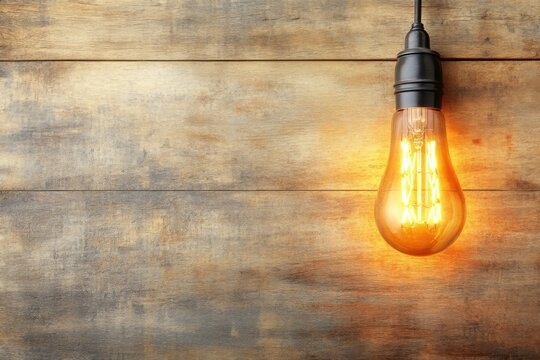 A glowing light bulb hangs against a rustic wooden wall.