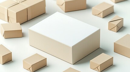 Beige and white cardboard boxes on white surface, arranged in a group