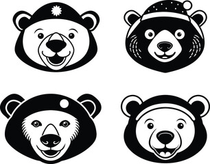 Cute Polar Bear Head Icons in Christmas Hats, Vector Silhouette Set, Happy Cartoon Polar Bear Faces with Holiday Hats, angry Silhouette Vector, Christmas Polar Bear Head Clipart Set, Cute Winter icon.