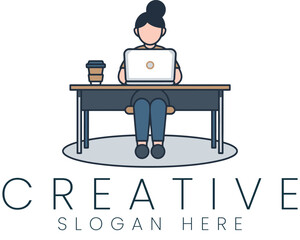 Woman Working on Laptop Creative Office Desk Design job flat icon logo neat home girl     