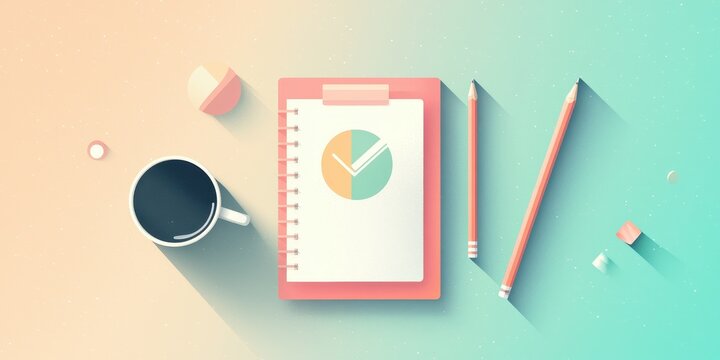 goal setting motivation evaluation concept. Colorful workspace with coffee, notebook, and stationery items for creative planning.