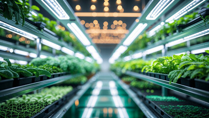 A modern vertical farm showcasing rows of thriving plants under artificial lighting for optimal growth.