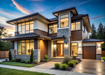 Fototapeta premium Luxury house architecture shows landscaping and a yard with a colorful sunset background. Modern homes exterior real estate background.