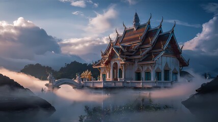 Obraz premium Radiant white-gold castle floating above morning mist, a white bridge leads the way.