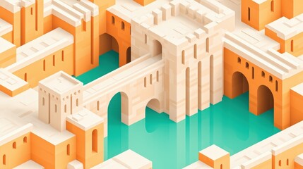 Naklejka premium Colorful 3D Castle with Moat and Drawbridge in a Fantasy Landscape