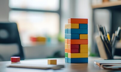 Photo of a Jenga tower with colorful blocks on an office desk, with a bokeh background. Web banner with copy space.