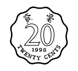 Reverse of Hong Kong coins 20 cents. The coin is depicted in black and white. Vector illustration.