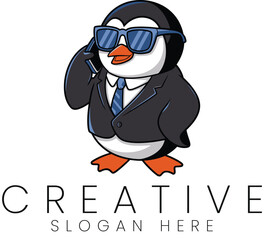 Cool Business Penguin on Phone Stylish Logo Design art bird suit cute icon flat funny     