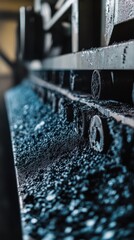 Industrial conveyor belt with metal rollers and black material close up view in dark moody lighting for manufacturing and processing concept with shallow depth of field