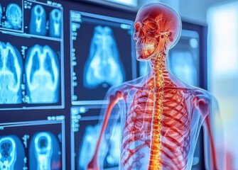 detailed 3D rendering of human skeleton with highlighted internal organs, displayed in front of high resolution medical imaging screens
