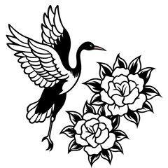 Obraz premium Black and White Traditional Tattoo Vector Graphic of Flying Crane Bird and Two Flowers Isolated