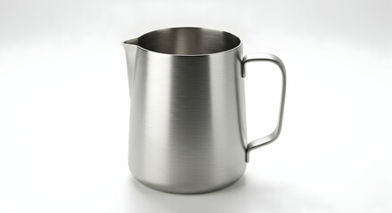 stainless steel milk frothing pitcher, placed at slight angle on white background, photoreal with brushed metal texture and shadow