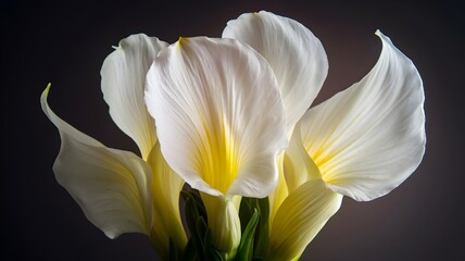 Four elegant white calla lilies with yellow centers, against a dark background. The delicate petals and smooth texture of the flowers create a striking visual contrast.