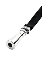 Silver key chain detail.  A polished silver key ring, subtly shaped, attached to a black leather cord