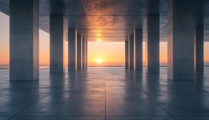 A large open area with a row of columns and the sunset in the background, a concrete floor,