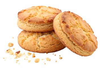 Freshly baked cookies with crumbs isolated on white background