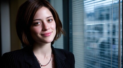 Fototapeta premium Young Executive in Navy Blazer, Confident Expression, Head and Shoulders Portrait, Soft Window Light, Minimal Grey Office Backdrop