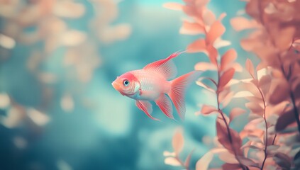 Beautiful red and pink tropical fish swimming in the water of an aquarium, underwater shot, 