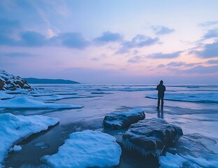 Ice on the sea, flat ice floes, ice in the shape of rocks, a winter landscape, a low-angle shot, a wide view,