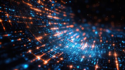 Obraz premium Abstract Digital Wave: Blue and Orange Glowing Network