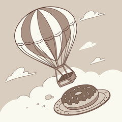 Illustration of a hot air balloon above a donut on a plate in a whimsical style, copy space