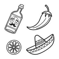 Illustration of a bottle, chili pepper, lime slice, and sombrero hat, in sketch style on white background, copy space