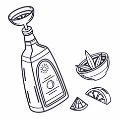 Beverage bottle with lime slices and bowl of herbs on white background, sketch style, copy space