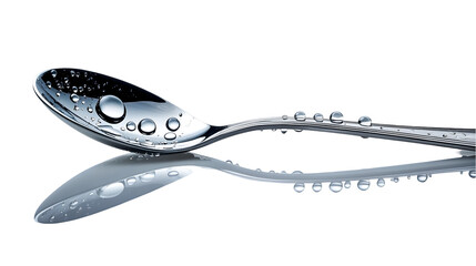 Two spoons with water droplets.  Close-up view of the reflective surfaces and water clinging to the metal