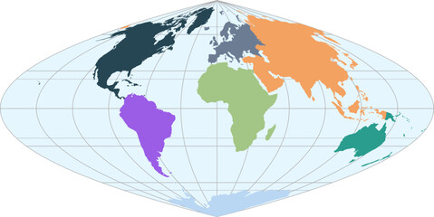 World vector map with continent boundaries and graticules (Craster parabolic projection, PPT-compatible, pre-colored & fully editable)