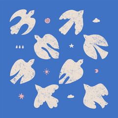 Vintage modern art print elements set in simple wavy and groovy naive style - birds flying in the sky. White flat hand drawn doves with organic texture. Vector groovy illustration.