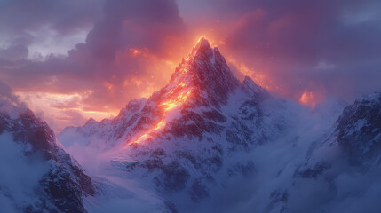 Obraz premium breathtaking snowy alpine mountain at sunrise, illuminated by glowing orange hue, creates stunning contrast against dramatic clouds. scene evokes sense of awe and tranquility