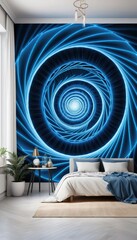 A vibrant blue spiral wall mural adorns the bedroom, creating a dynamic focal point that adds depth and energy to the serene space.