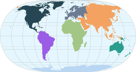 World vector map with continent boundaries and graticules (Natural Earth II projection, PPT-compatible, pre-colored & fully editable)