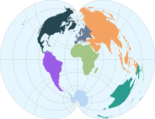 World vector map with continent boundaries and graticules (Polyconic projection, PPT-compatible, pre-colored & fully editable)