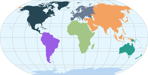 World vector map with continent boundaries and graticules (Robinson projection, PPT-compatible, pre-colored & fully editable)