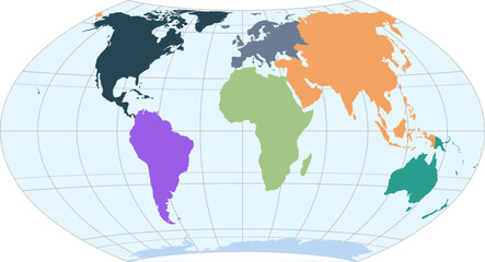 World vector map with continent boundaries and graticules (Wagner VII projection, PPT-compatible, pre-colored & fully editable)