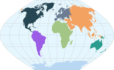 World vector map with continent boundaries and graticules (Winkel I projection, PPT-compatible, pre-colored & fully editable)