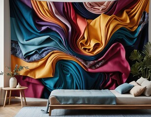 A cozy bed adorned with vibrant, patterned fabric featuring a mix of bright colors, creating a lively and inviting atmosphere in the room.