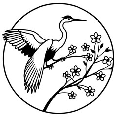 Fototapeta premium Minimalist Black and White Japanese Crane Bird on Cherry Blossom Branch Vector