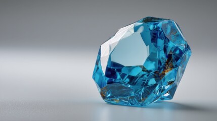 Captivating close up of a radiant blue gemstone with intricate facets and sparkling reflections against a serene gray background in a studio setting