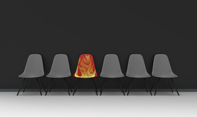 hot chair fiery chair - flames on a chair between dull grey ones