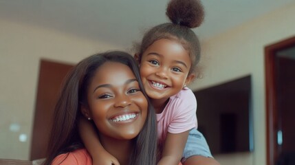 Radiant smiles: A mother and daughter sharing a heartwarming moment indoors