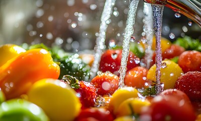 Close-up of running water from a modern kitchen faucet over a blurred background with colorful vegetables and fruit in the sink, 