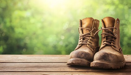 Close-up of worn brown leather work boots on a wooden table with copy space in the background. 