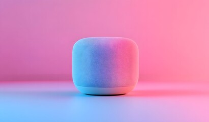 Photo of a smart speaker on the table in front view, with a pink and blue gradient background, home decor style,