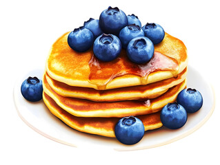 Stack of pancakes topped with blueberries and syrup